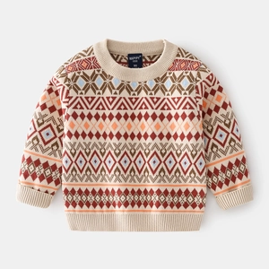 Boys thick knit sweater with colorful Nordic geometric jacquard pattern on beige base