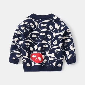 Dunkelblauer Kinder-Strickpullover mit Pandamuster und Rippbündchen für Herbst Winter