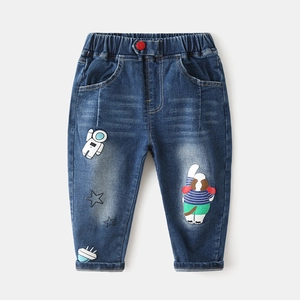 Boys Navy Blue Denim Jeans Cartoon Astronaut Embroidery Elastic Waist Casual Cuffed Long Pants For Kids Toddlers