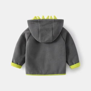 Kids warm fleece hoodie in dark grey with green 3D dinosaur spikes and zip detail