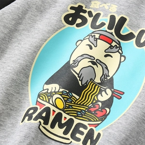 Boys grey fleece baseball jacket featuring Japanese cartoon ramen print and sporty style