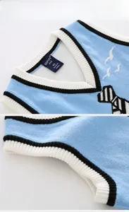 Detail of V-neck collar with brand label and striped ribbing on blue knit vest