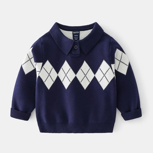 Boys Argyle Knit Sweater Polo Neck Long Sleeve Cotton Blend Pullover Autumn Winter Childrens Casual Warm Top