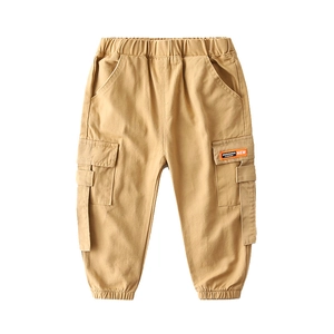 Kids casual khaki cargo pants with elastic waist and stylish orange pocket label