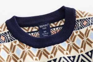 Detail of round neckline with blue ribbed edge and geometric knit pattern on boy's sweater
