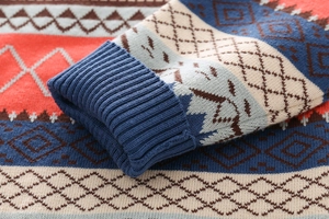 Close-up of thick knit sweater showing geometric patterns and dark blue ribbed cuff