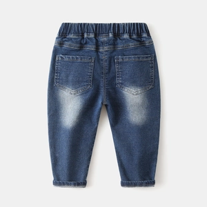 Boys deep blue denim jeans with elastic waist and back pockets in a classic Korean style