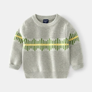 Gray knitted kids sweater with green and yellow geometric patterns and ribbed cuffs