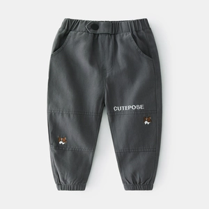 Dark grey cotton cargo pants for boys with cute dog embroidery and elastic waistband