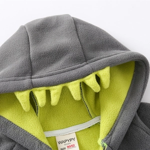 Thick grey kids fleece hoodie with cartoon shark teeth hood and neon green inner lining