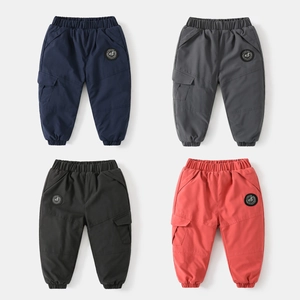 Detail of four-pack kids cargo pants with elastic waist and embroidered side pockets