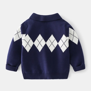 Navy blue argyle knit cardigan for boys with classic V-neck and ribbed cuffs