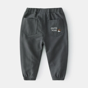 Boys charcoal casual cargo pants with elastic waist and cute cartoon dog embroidery