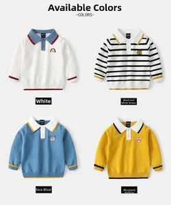Detail showing knit polo sweaters in white, striped, navy, and yellow with embroidery