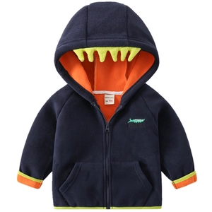 Fleece dinosaur hoodie for boys in navy blue with orange lining and dinosaur spikes