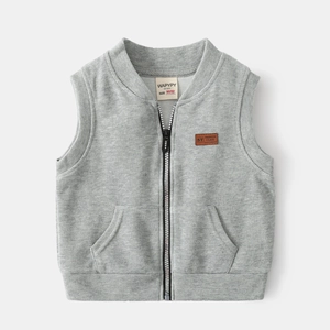 Grey knitted kids zipper vest with vertical stripes and stylish leather chest patch