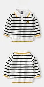 Front and back detail of kids striped polo sweater with sun embroidery and yellow trim