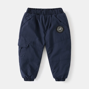 Thick navy blue boys fleece-lined cargo pants with elastic waist and TYEKIDS badge