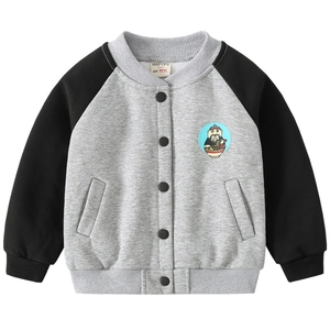 Kids color-block baseball jacket with cartoon embroidery and warm fleece lining