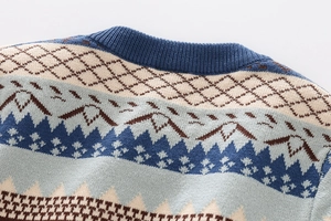Close-up of Fair Isle knit neckline with geometric patterns in blue and beige
