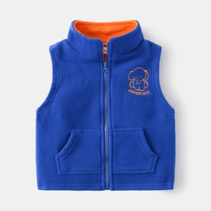 Gilet en polaire bleu pour enfant avec col montant et broderie éléphant orange
