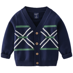 Navy blue V-neck knit cardigan for boys with green stripes and white geometric patterns