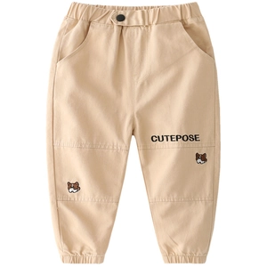 Kids casual khaki cargo pants with cute dog embroidery and elastic drawstring waist