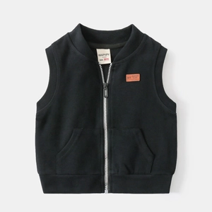 Kids black zip-up fashion vest with leather patch and ribbed hem for autumn wear