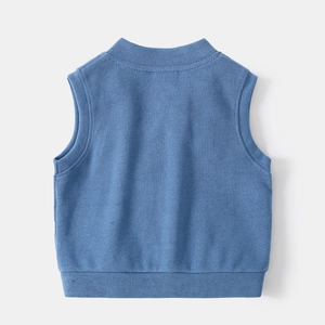 Front view of mid-blue knitted vest for toddlers with ribbed crew neck and hem