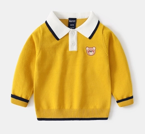 Detailed macro shot of polo collar knitwear with cute bear embroidery and ribbed cuffs