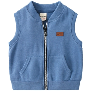 Kids navy blue knitted zipper vest with stand collar and rib-knit trim, size 90/52