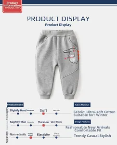 Detail of gray fleece-lined jogger featuring cute crocodile patch and elastic waistband
