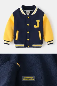 Detailed view of kids navy and yellow varsity jacket with thick warm fleece lining layer