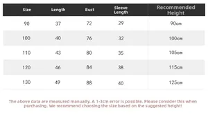 Detailed size chart for kids reversible padded jacket with length and chest measurements