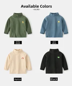 Detail of four colorful kids' thermal shirts with cute animal embroidery patches