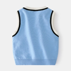 Sky blue kids knit vest with stylish tie pattern and striped V-neck ribbing