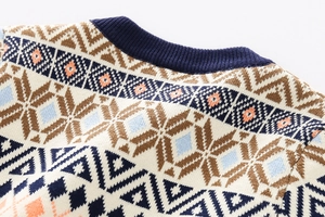 Detail of navy knit sweater showing ribbed crew neck and Fair Isle geometric jacquard pattern