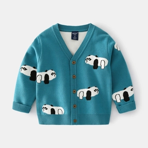 Blue knit V-neck cardigan for boys featuring cute panda jacquard and wooden buttons