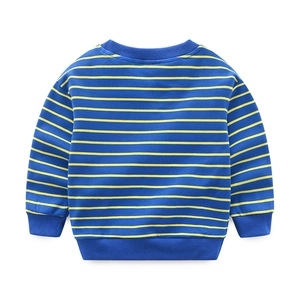 Detail of striped kids sweatshirt back with ribbed cuffs and blue yellow cotton fabric