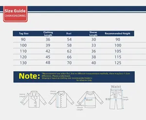 Detailed size guide table for kids thermal shirts showing measurements in centimeters