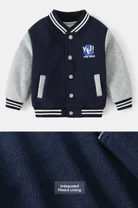 Close-up of thick fleece lining and embroidered varsity jacket for boys