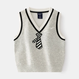 Grey V-neck knit vest for boys featuring a black tie pattern and striped ribbing