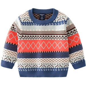 Toddler boys jacquard knit sweater with colorful geometric patterns and ribbed round neck