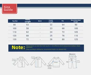 Guide des tailles détaillé pour jeans garçon incluant longueur, taille et taille recommandée