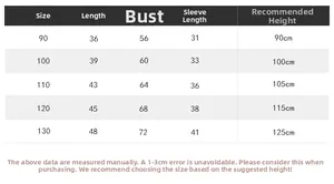 Size chart showing height and measurements for kids plaid long sleeve shirts
