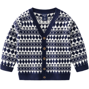 Boys V-neck knit cardigan with navy and white geometric diamond pattern and buttons