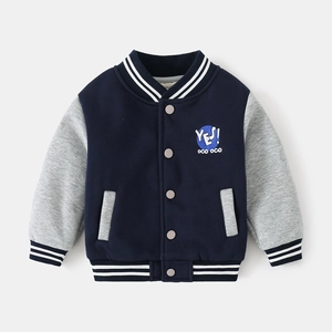 Boys Varsity Jacket Fleece Lined Thickened Navy Grey Contrast Color Bomber Jacket For Toddlers Autumn Winter Casual Warm Coat