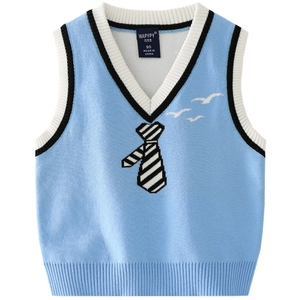 Light blue V-neck knit vest with tie pattern and striped edges for toddler boys