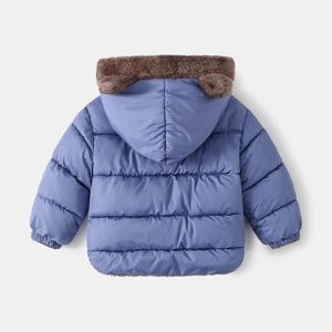 Detail of blue quilted kids jacket featuring a hood with brown faux fur and cute bear ears