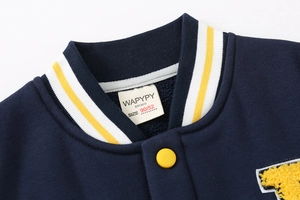 Close-up of boys baseball jacket ribbed collar with yellow stripes and snap button